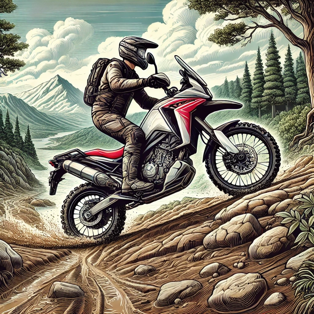 a Honda XR650L dual-sport motorcycle riding through a rugged off-road trail, surrounded by rocky terrain and tall trees.